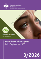 Ein Informationsblatt der Evangelischen Allianz Deutschland mit dem Titel "Monatliches Allianzgebet" für Juli bis September 2026. Es enthält das Logo der Allianz und einen Hinweis auf die Bibelkonferenz sowie das Buch Hiob.